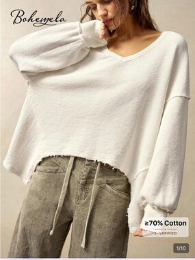 Cream V-Neck Raw-Hem Cotton Sweater